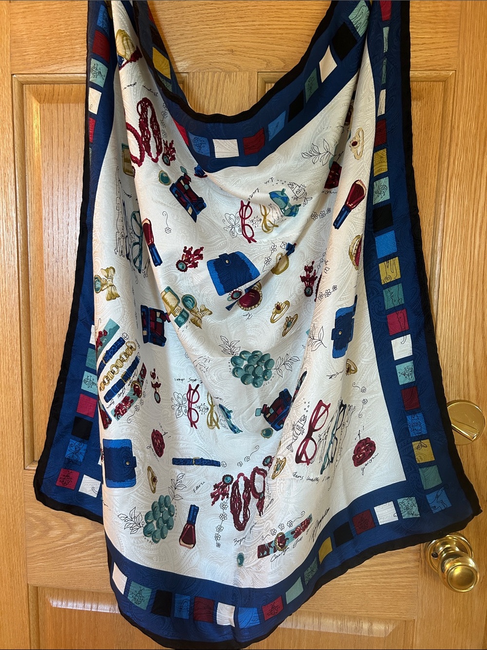 Accessory Print Blue Border Silk Scarf. 34” square.